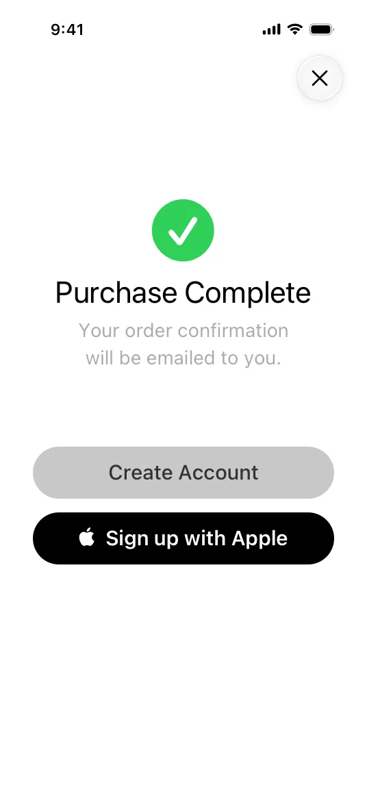 Purchase complete with Sign up with Apple iPhone mockup